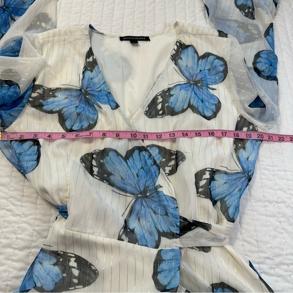 NWT Boston Proper White & Blue Butterfly Wing Wrap Maxi Dress With Gold Stripes - Picture 7 of 17